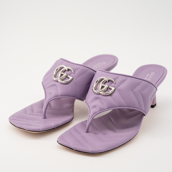 sz 40G 10 US Gucci Marmont GG Kitten Heel Thong Sandals Quilted Lavender Purple